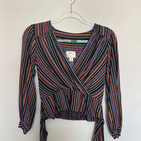 Maeve by Anthropologie Tops - Maeve Anthropologie Striped Wrap Blouse Multicolor 0P Petite Smocked Tie Back